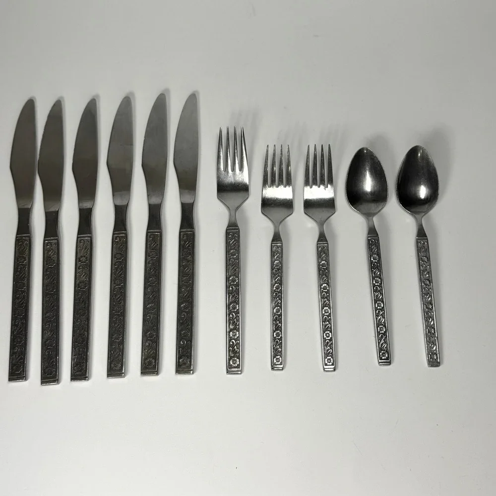 Vtg Gold Standard Night Blossom‎ Flatware 11 Pc Japan Floral MCM